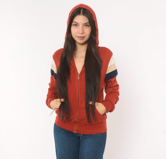 80s White Stag Zip-Up Hoodie Rust Cream Navy Color Block Medium