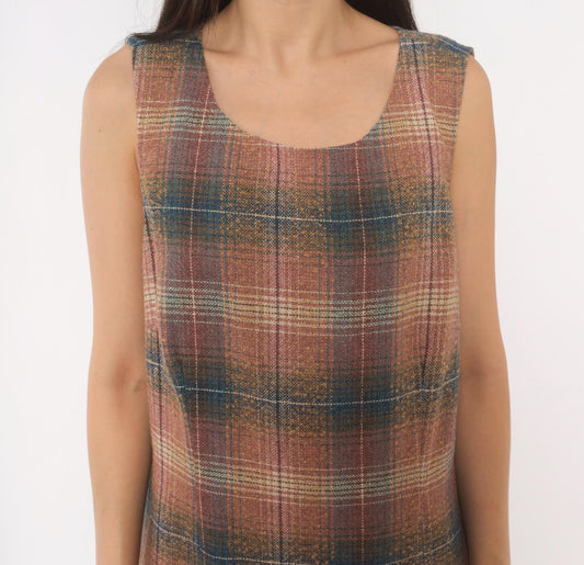 Y2K Chadwicks Plaid Wool Midi Dress Sleeveless A-Line Pink Teal Large L