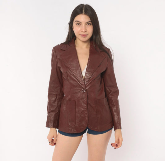 70s Burgundy Leather Blazer Single Button Notched Lapel Fitted Waist XS