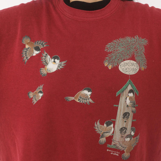 90s Morning Sun Burgundy Bird Birdhouse Crewneck Sweatshirt Cotton Large L