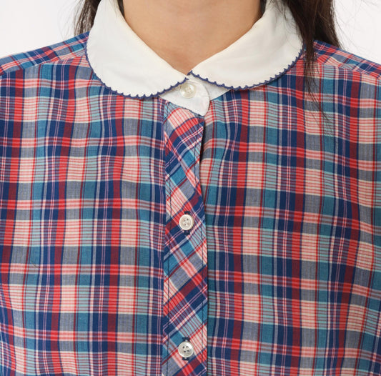 80s Oak Hill Plaid Peter Pan Collar Button Blouse Blue Red White Medium