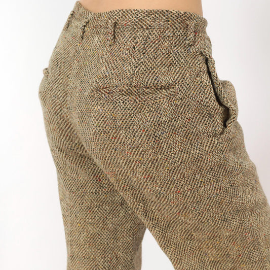 70s Herringbone Tweed Wool Pleated Trousers Tan Cream High Rise Medium