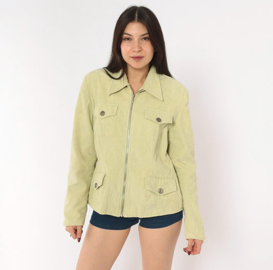 Y2K Rubbish Sage Corduroy Jacket Pointed Collar Four Pocket Mint Green Large L