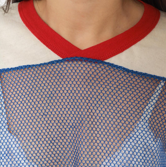 80s Indy Knit Mesh Crop Top Blue Red Stripe V-Neck Athletic Jersey Extra Large