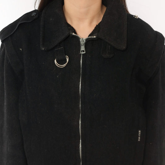 80s Fan Club Wool Blend Bomber Jacket Black Zip Front Mens Small