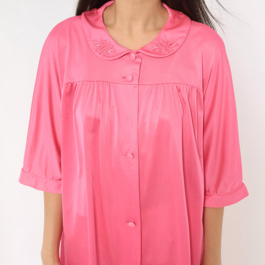 80s Lorraine Pink Satin Robe Peter Pan Collar Embroidered Floral Large