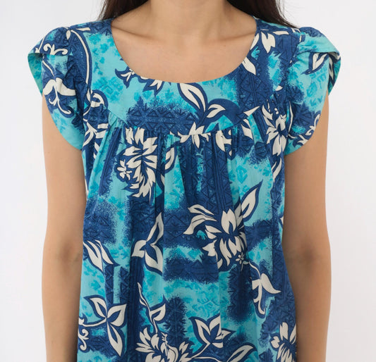 80s Made In Hawaii Muumuu Dress Blue Floral Cotton Knee-Length Medium