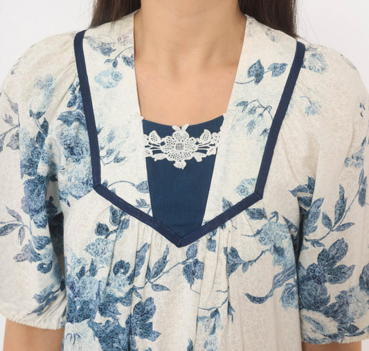 80s Liberty House Blue Floral Toile Cotton Dress V-Neck Puff Sleeve Extra Small XS
