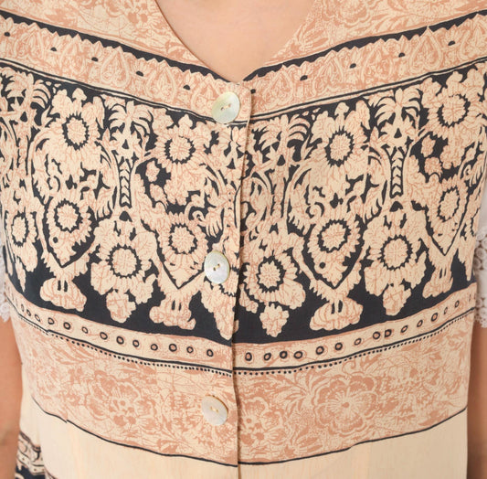 90s L'Amadei Block Print Vest Cream Navy Floral Damask Small S