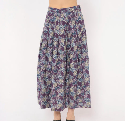 80s Laura Ashley Purple Floral Pleated Skirt High Waist Cotton Wool Small