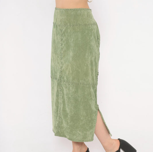 Y2K Mint Green Faux Suede Skirt Canyon Road Whipstitch Knee Length Extra Large