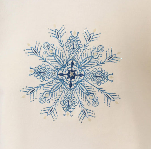 90s M&C Sportswear Snowflake Mandala Embroidered Crop Sweatshirt Cream Navy Medium