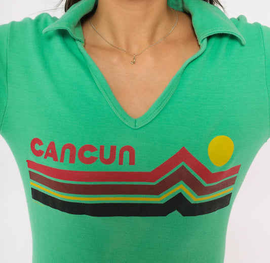80s Zaky Sport Cancun Sunset Polo Green V-Neck Graphic Shirt Medium