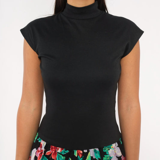 80s Byer Too! Floral Bubble Mini Dress Mock Neck Cap Sleeve Black Small