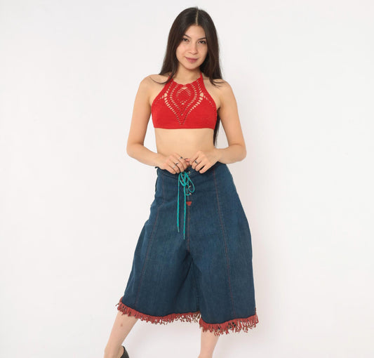 80s Blue Denim Wide Leg Shorts Red Fringe Lace Up Front Studded Medium M