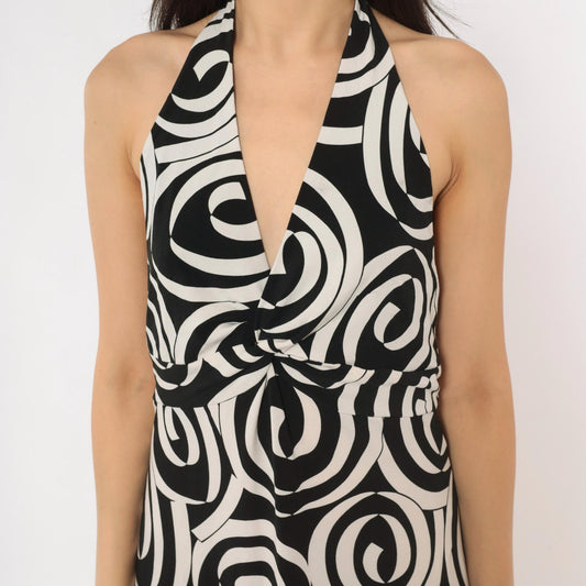 Y2K Maggy London Halter Dress Black White Swirl Print Open Back Medium M