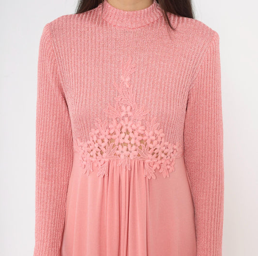 70s Pink Maxi Dress Knit Bodice Floral Lace Empire Waist Long Sleeve Medium