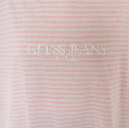 Guess Jeans USA Pink White Striped Cotton Tee Embroidered Logo Large