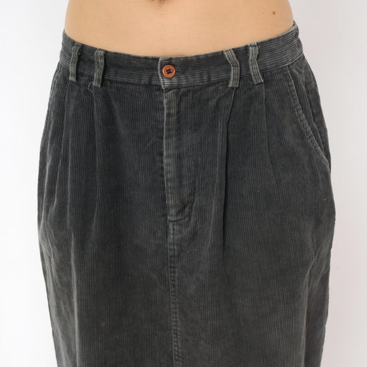 80s Gina Peters Charcoal Corduroy Midi Skirt Pleated High Waist Small
