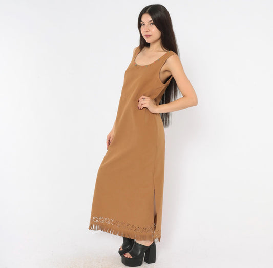 Jessica Howard 2000s Tan Faux Suede Maxi Dress Beaded Scoop Neck Fringe Medium M