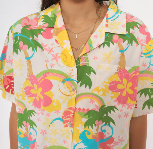 Y2K Barefoot Paradise Hawaiian Shirt White Cotton Camp Collar Tropical Print Extra Large XL