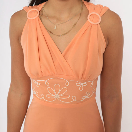 70s Peach Empire Waist Mini Dress Embroidered V Neck Sleeveless XS