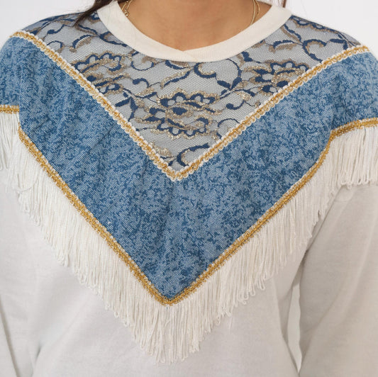 90s Stepping-Up White Fringe Sweatshirt Blue Tapestry Yoke Gold Trim Medium