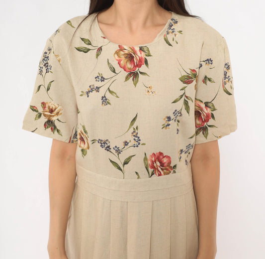 90s Just in Thyme Floral Midi Dress Cream Rose Print A-Line Large L