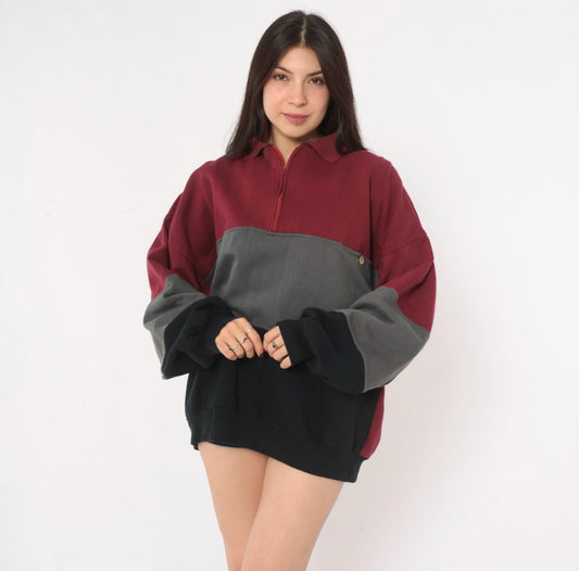 90s Colorblock Quarter Zip Sweatshirt Burgundy Grey Black Extra Large