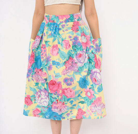 80s Lanzetta Sport Floral Midi Skirt Pink Rose Yellow Cotton High Waist Medium