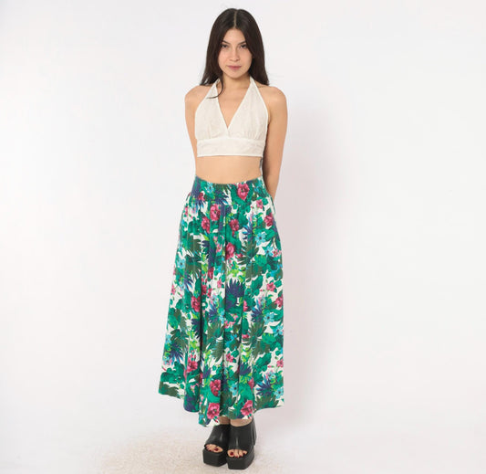 90s Dennis Goldsmith Tropical Floral Skirt Green Teal Pink Cotton Blend XS