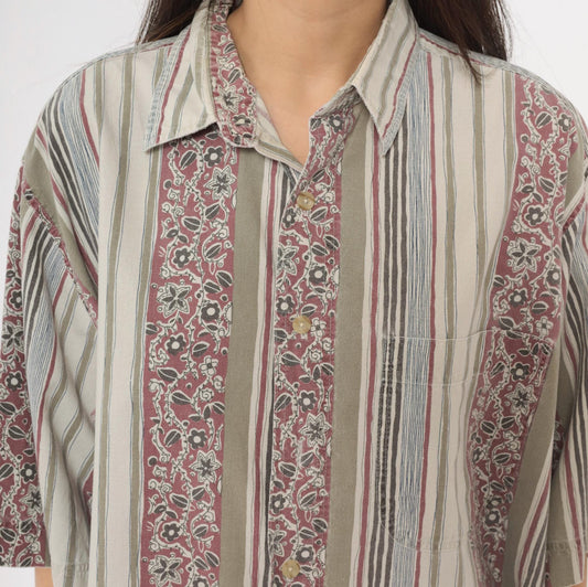 90s Key Elements Striped Floral Cotton Shirt Cream Rust Extra Large XXL
