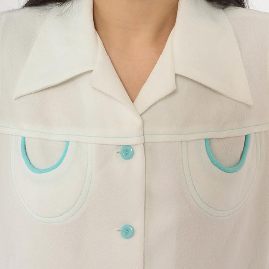 70s White Sleeveless Blouse Pointed Collar Blue Button Front Mod Top Medium
