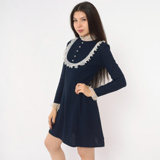 60s Navy Babydoll Dress White Ruffle Bib Mock Neck Pearl Buttons Small