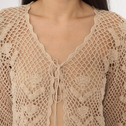 90s Beige Crochet Cardigan Floral Openwork Knit Small S