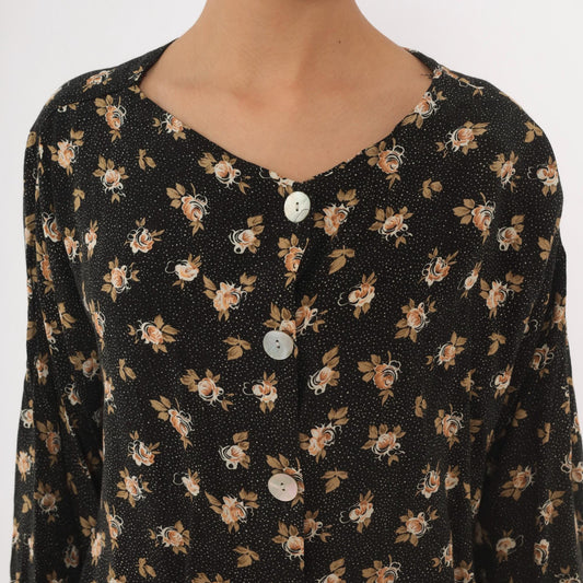 90s Black Floral Rose Print Button-Front Blouse Cream Tan Large L