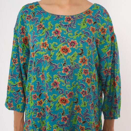 80s Passports Floral Midi Dress Teal Drop Waist Pockets Large L