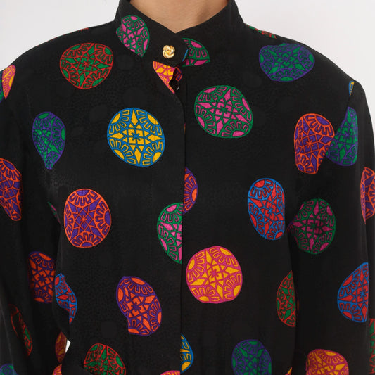 80s Gay Boyer Collections Black Silk Midi Dress Medallion Print Mandarin Collar Medium