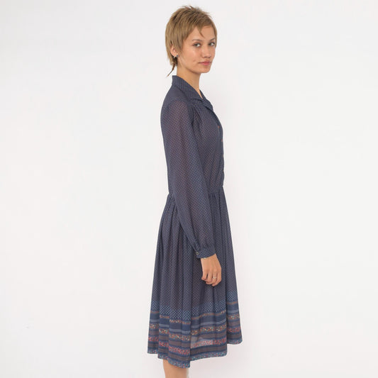 70s Navy Diamond Print Drop Waist Dress Collared Button Front Medium