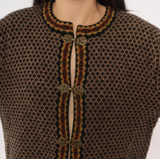 90s Skyr Wool Cardigan Black Tan Fair Isle Nordic Knit Small S