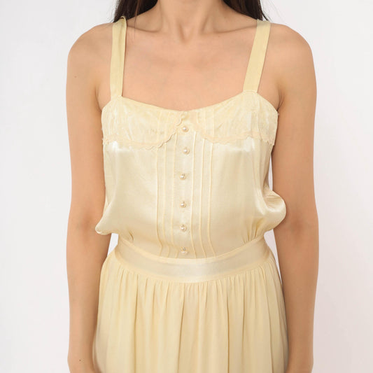 70s Gunne Sax Maxi Dress Cream Satin Lace Pearl Button Spaghetti Strap Medium M
