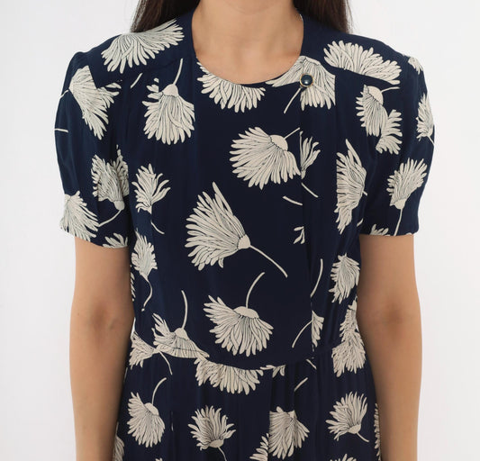 90s Liz Claiborne Navy Floral Dress White Daisy Print Puff Sleeve Small S