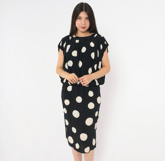 90s Chetta B Polka Dot Midi Dress Black Cream Cap Sleeve Small S