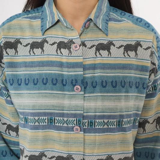 90s CM Company Horse Print Western Shirt Blue Cream Striped Cotton Small