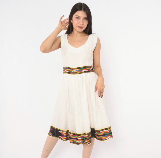 90s White Gauze Knee-Length Dress Ethiopian Habesha Embroidered Tibeb Multicolor Medium