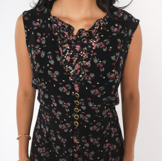 90s Bentley Black Floral Ditsy Print Dress Ruffle Neck Button Front Large L