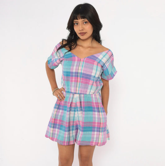80s Hana Madras Plaid Romper Pink Blue Purple V Neck Tie Back Medium