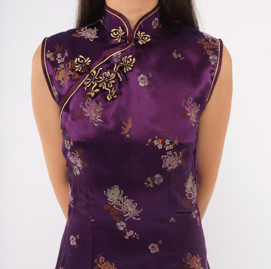 Y2K Purple Cheongsam Dress Floral Brocade Mandarin Collar Frog Button XS