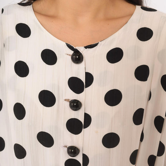 90s Success Dress Polka Dot White Black Button Front Knee Dress Extra Large