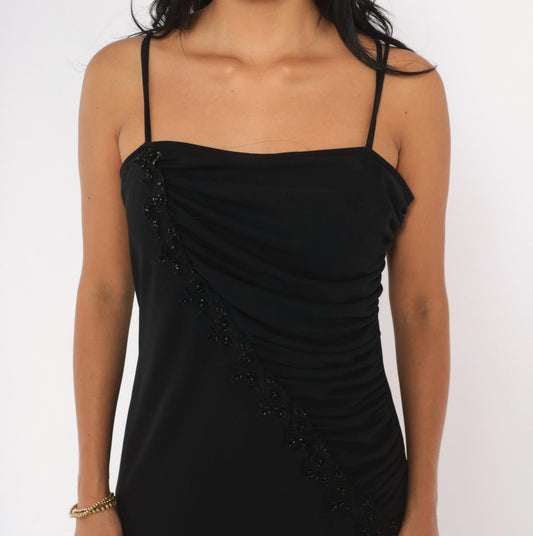 90s Scarlett Black Maxi Dress Beaded Trim Ruched Square Neck Medium M